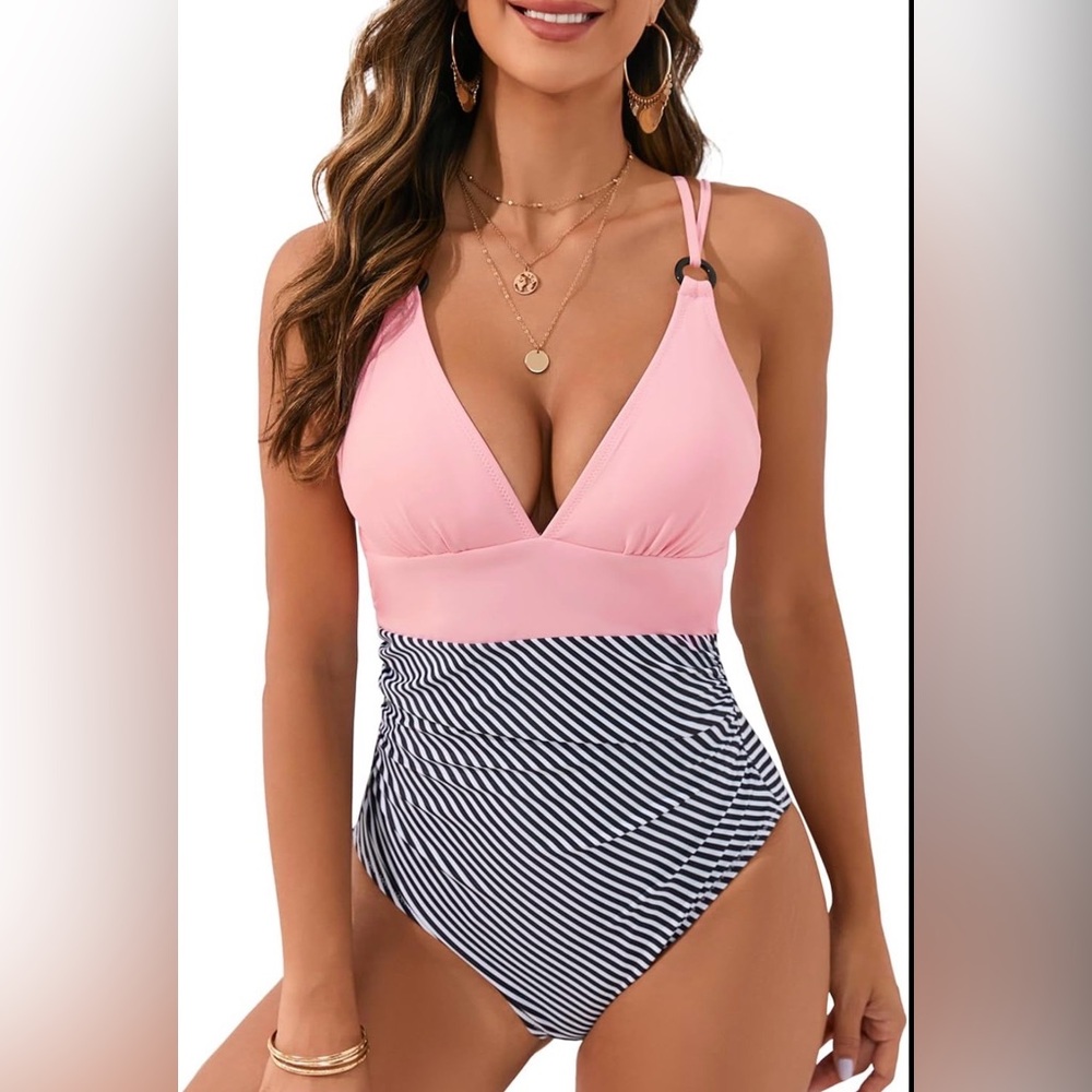 Cute Pink and Black Striped One Piece Swimsuit